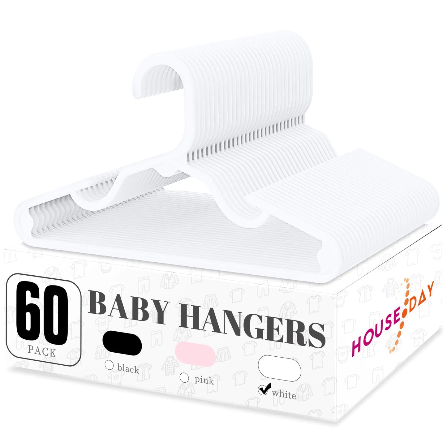 HOUSE DAY Plastic Baby Hangers for Closet 60 Pack Durable Plastic Kids Hangers for Baby Clothes Thin & Compact Childrens Hangers Space Saving White Baby Hangers Small Hangers for Kids Clothes