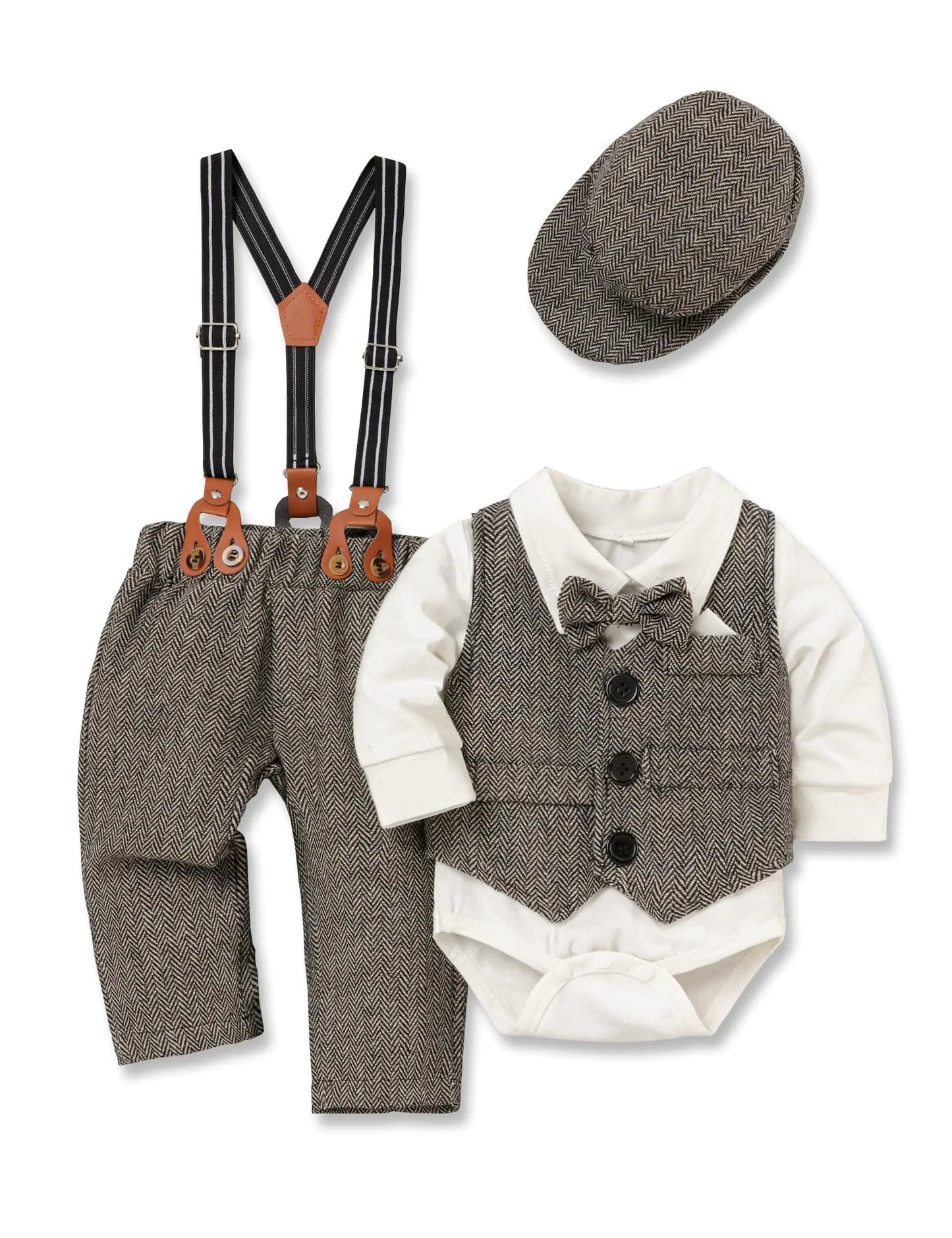FoWear Baby Boys Clothes Baby Gentleman Formal Dress Romper with Vest + Detachable Suspender Pants + Bowtie
