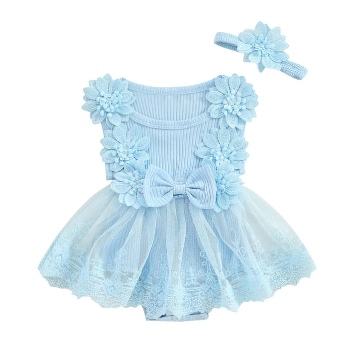 Infant Baby Girl Lace Romper Baby Tulle Dress Romper Flowers Bodysuit Spring Summer Festival Clothes with Headband (Sky Blue 6-12 Months)