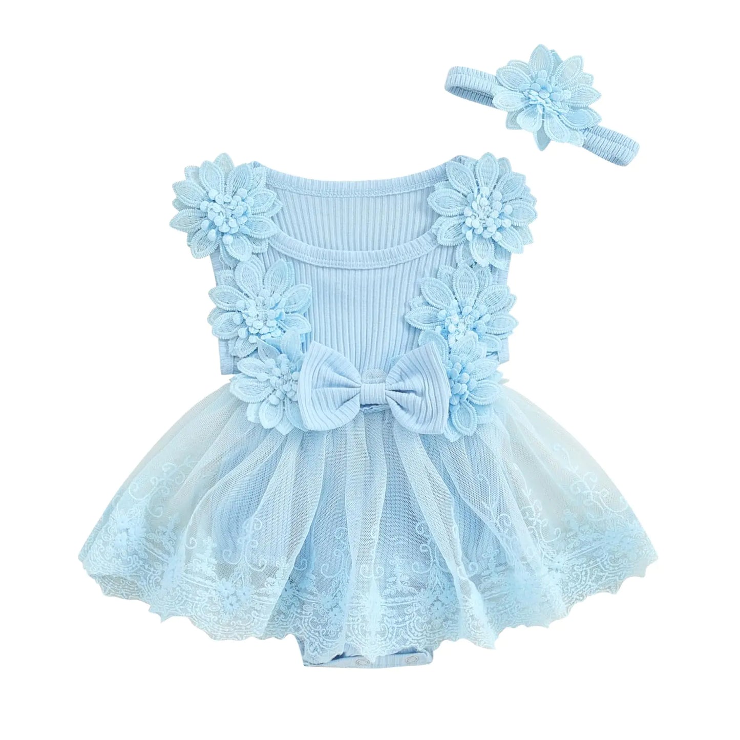 Infant Baby Girl Lace Romper Baby Tulle Dress Romper Flowers Bodysuit Spring Summer Festival Clothes with Headband (Sky Blue 6-12 Months)