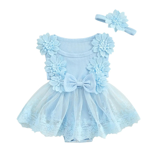 Infant Baby Girl Lace Romper Baby Tulle Dress Romper Flowers Bodysuit Spring Summer Festival Clothes with Headband (Sky Blue 6-12 Months)