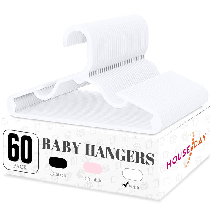 HOUSE DAY Plastic Baby Hangers for Closet 60 Pack Durable Plastic Kids Hangers for Baby Clothes Thin & Compact Childrens Hangers Space Saving White Baby Hangers Small Hangers for Kids Clothes